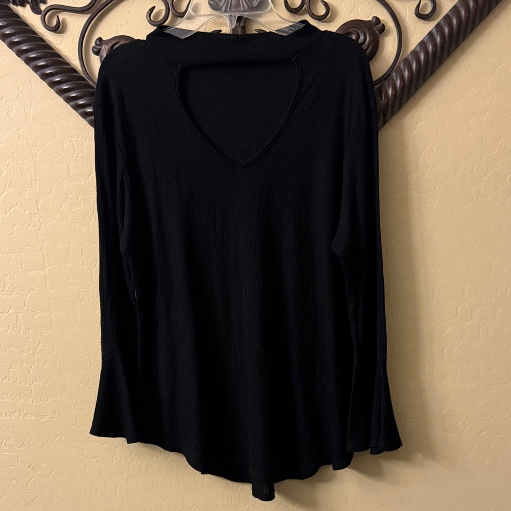 Black Long Sleeve Women's Top with cut out triangle at neck